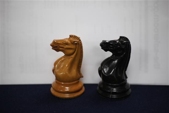 A Jaques Staunton pattern ebony and boxwood club chess set, king 4.25in.